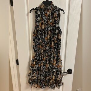 MSK Black Floral Midi Dress with Mustard and Cream Accents